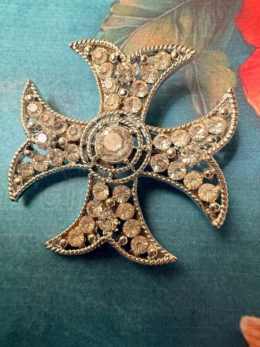 Crystal Starburst Cross Brooch - Silver-Tone Sparkle